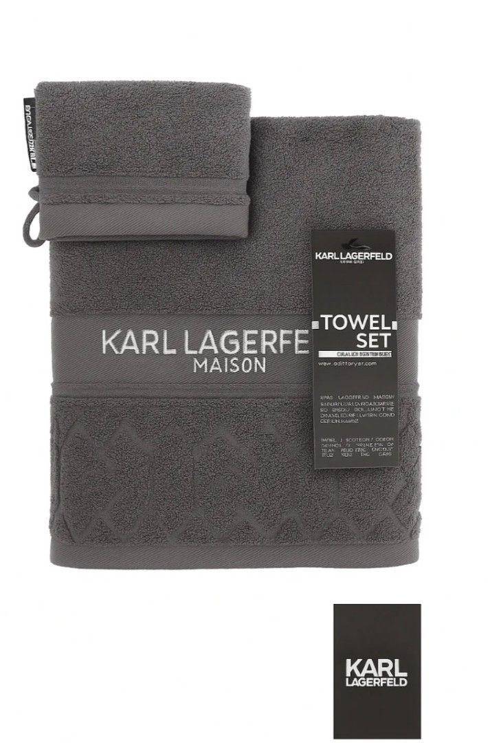KARL LAGERFELD MAISON TOWEL SET, GRAY (Category: Bedding & Towels) located in Quezon City. Submitted by carsenmktg (Listing ID 1439237122, Image 2). Description: KARL LAGERFELD MAISON TOWEL SET, GRAY Guaranteed authentic. Brand new with tags. Just came in from the u.s. Package includes: Karl Lagerfeld full size towel + washcloth Dimesnsions: Towel 100/50 cm and washcloth 20/10 cm Material: 100% cotton.