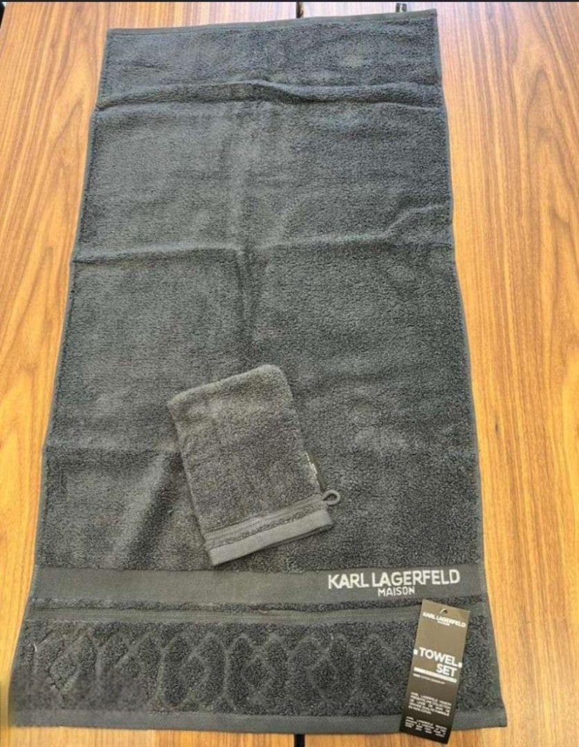 KARL LAGERFELD MAISON TOWEL SET, GRAY (Category: Bedding & Towels) located in Quezon City. Submitted by carsenmktg (Listing ID 1439237122, Image 3). Description: KARL LAGERFELD MAISON TOWEL SET, GRAY Guaranteed authentic. Brand new with tags. Just came in from the u.s. Package includes: Karl Lagerfeld full size towel + washcloth Dimesnsions: Towel 100/50 cm and washcloth 20/10 cm Material: 100% cotton.