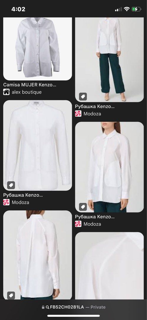 Kenzo White Shirt Size 38 (Category: Shirts) located in General Trias. Submitted by mangu_ukay (Listing ID 1439164107, Image 2). Description: - Kenzo white shirt - Size 38 - Collared neckline - Button-down closure - Two front pockets - Long sleeves - Relaxed fit - Made in Tunisia - Includes washing instructions tag.