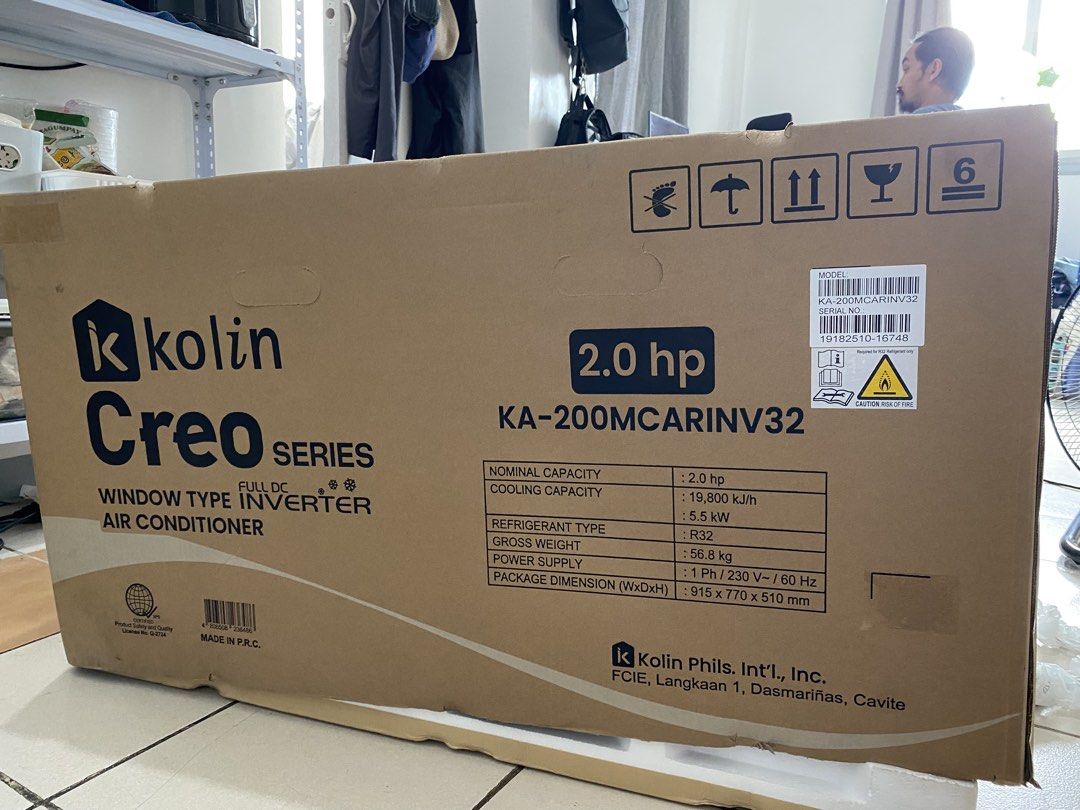 Kolin Creo Series 2.0 hp Window Type Air Conditioner (Category: Air Conditioning and Heating) located in Paranaque City. Submitted by qarah.ph (Listing ID 1439127751, Image 2). Description: - Kolin Creo Series Window Type Air Conditioner - Model: KA-200MCARINV32 (2.0 HP) - Features: - Compact Design - R32 Refrigerant - Remote Control - Full DC Inverter - Package Dimensions: 915 x 770 x 510 mm Brand New never been used bought last May 19,2026 at A