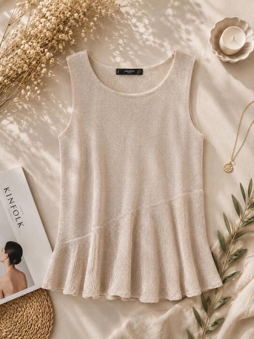 Sleeveless Tops (Category: Sleeveless) located in Cavite. Submitted by eures_corner (Listing ID 1439129610, Image 1). Description: - Sleeveless design - Ruffle hem - Round neckline - Comfortable fit - Neutral color - Versatile for casual wear or layering.
