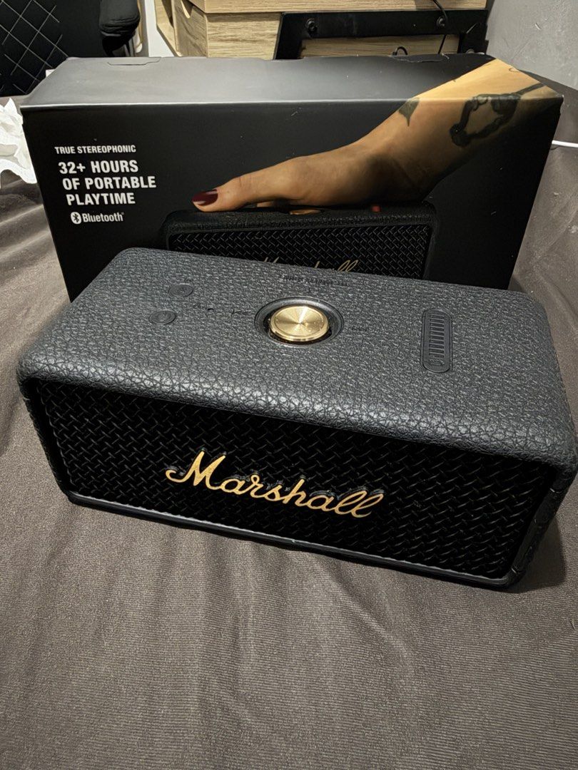 Marshall Emberton III Bluetooth Speaker - Black and Brass (Category: Soundbars, Speakers & Amplifiers) located in Marikina City. Submitted by christiaanjaay (Listing ID 1439171422, Image 1). Description: - Marshall Emberton III Bluetooth Speaker - Color: Black and Brass - True Stereophonic Sound - 32+ Hours of Playtime - Dust and Waterproof - Built-in Microphone Hindi masyado ginamit Bnew price is 9k+ Bought from orange app Digital Walker shop. I