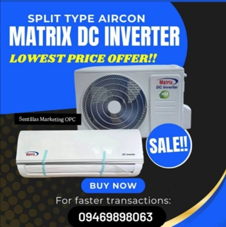 Matrix DC Inverter Split Type Aircon (Category: Air Conditioning and Heating) located in Bayambang. Submitted by gladys062998 (Listing ID 1439092127, Image 1). Description: Wag puro electric fan, deserve mo rin lumamig 😎 "Matrix DC Inverter Split-Type Air Conditioner" * Lowest Price Guaranteed! * Perfect for Home or Office Use -*Enjoy Energy-Efficient Cooling Contact us for faster transactions and inquiries #09469898063 #09917759005 - Don't miss