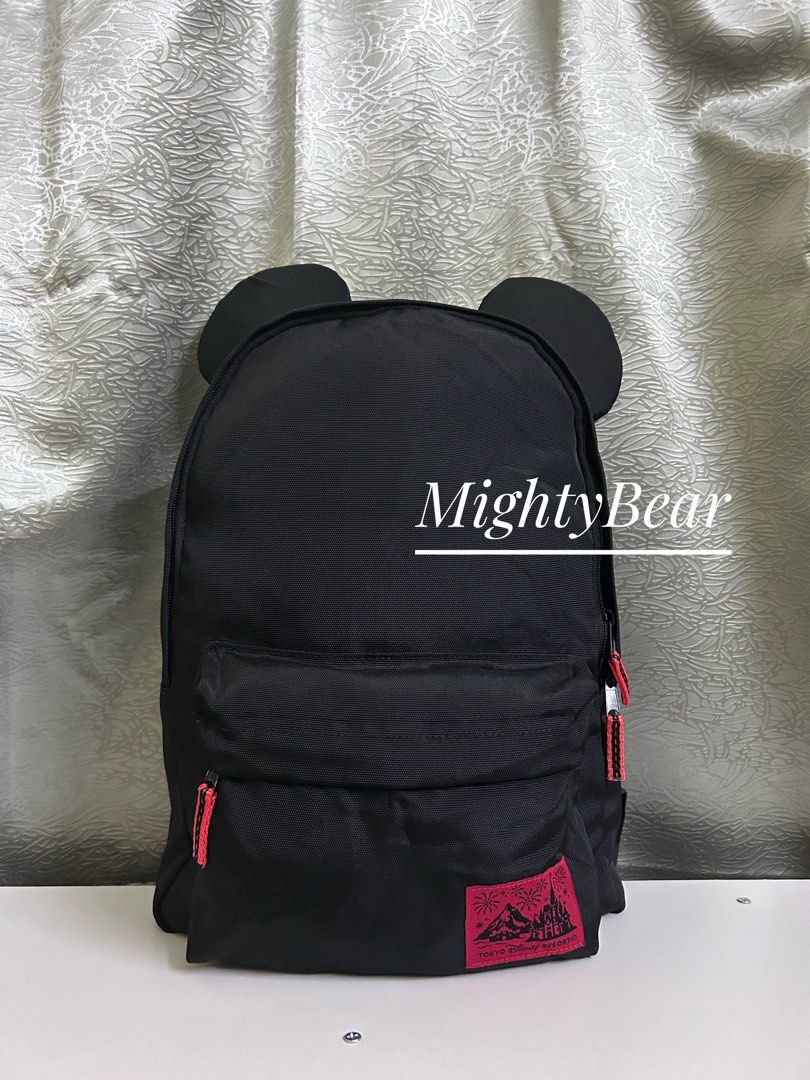 Mickey Mouse Backpack (Category: Backpacks) located in Ipoh. Submitted by mightybear_500 (Listing ID 1439230608, Image 1). Description: Disney. This is a Tokyo Disney Resort Exclusive Mickey Mouse ear backpack. It is a popular item typically sold within the parks at Tokyo Disneyland and Tokyo Disney Sea. A minimalist black canvas backpack featuring two large, padded Mickey Mouse 'ears' at the top. Bebas koyak dan kotor. .