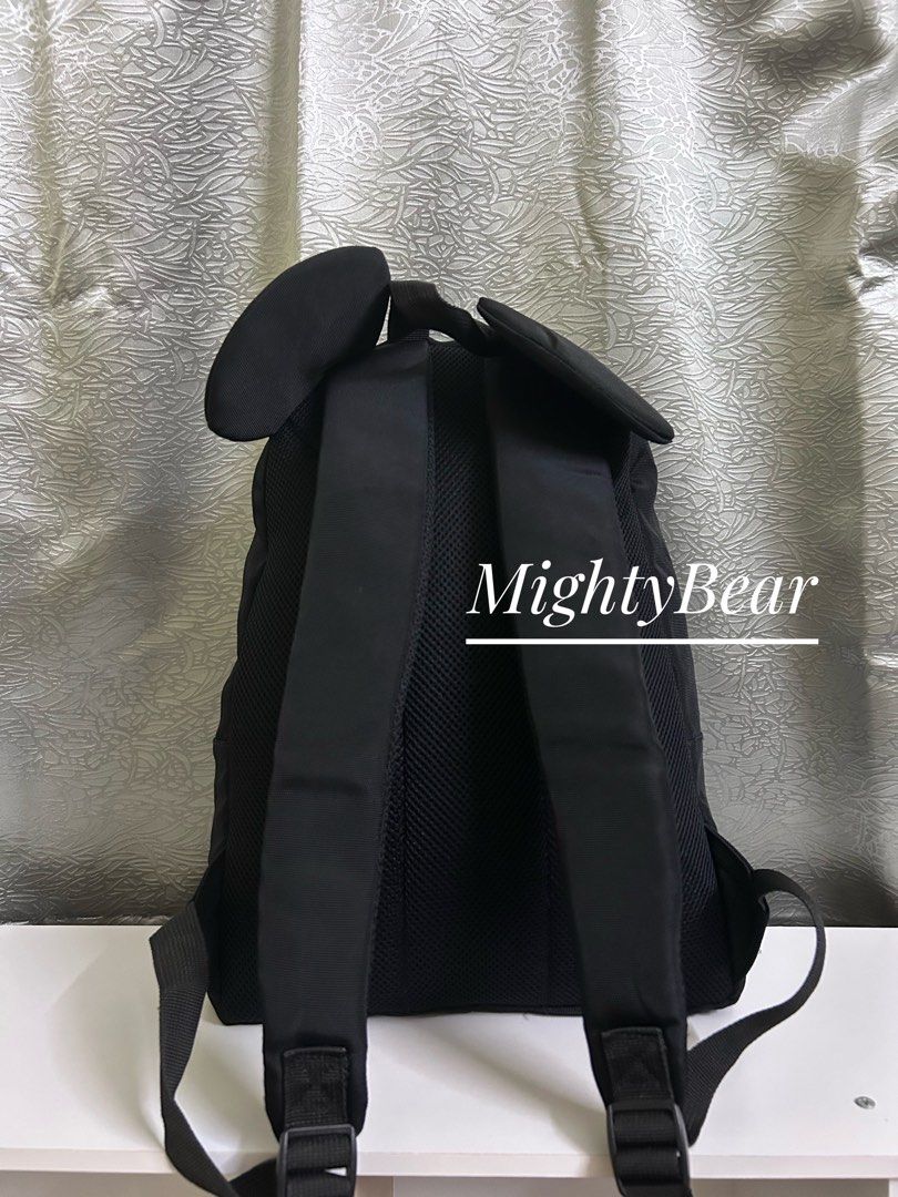 Mickey Mouse Backpack (Category: Backpacks) located in Ipoh. Submitted by mightybear_500 (Listing ID 1439230608, Image 2). Description: Disney. This is a Tokyo Disney Resort Exclusive Mickey Mouse ear backpack. It is a popular item typically sold within the parks at Tokyo Disneyland and Tokyo Disney Sea. A minimalist black canvas backpack featuring two large, padded Mickey Mouse 'ears' at the top. Bebas koyak dan kotor. .