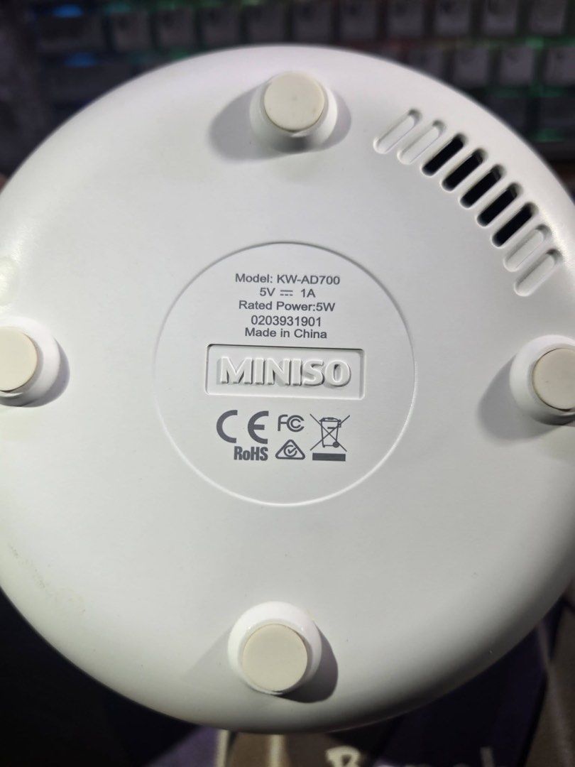 Miniso Aroma Diffuser KW-AD700 (Category: Air Purifiers & Dehumidifiers) located in Santa Rosa. Submitted by sarys_saristore (Listing ID 1439101021, Image 2). Description: - Miniso Aroma Diffuser (Model: KW-AD700) - Stylish white design with a unique wave-like top - Power: 5V == 1A, 5W - Certifications: CE & FCC - White interior.