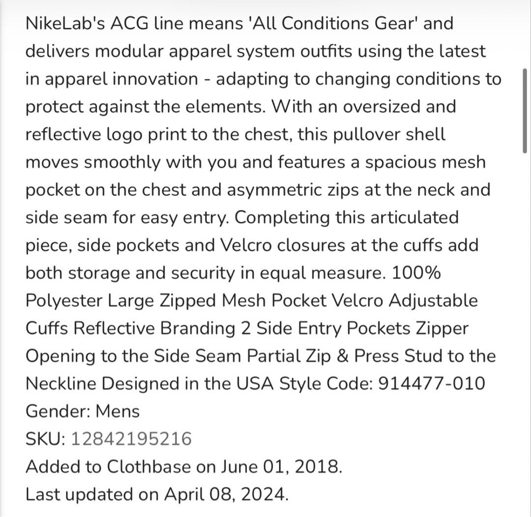 NikeLab ACG Pullover Shell Jacket Black (Category: Coats, Jackets and Outerwear) located in Singapore. Submitted by gatecrash12 (Listing ID 1439108029, Image 3). Description: - NikeLab ACG pullover shell jacket - Color: Black - Features: - Chest mesh pocket - Side pockets - Velcro cuffs - Reflective branding - Partial zip neckline - Style code: 914477-010 Bought from another carouseller - letting go as needed the cash for studies. Rare item..