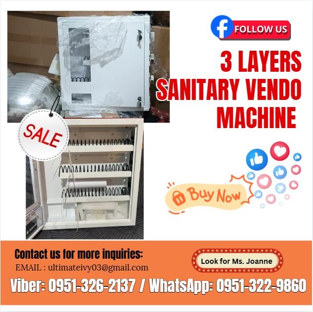 Onhand 3 Layers Sanitary Vendo Machine (Category: Everything Else Others) located in Caloocan City. Submitted by casesarian62993 (Listing ID 1439158543, Image 1). Description: 1. Machine Size: W52*D12.5*H54cm; N. Weight, 13Kg, and g.weight:14kg 2. Selections: 3types, column length 370mm 3. Capacity: 8-20pcs of each, total 24-60pcs 4. Coin mech 1-2coins 5. Full mechanical vending machine, 3 columns are worked with 3 coin mechs, only accept coins 7