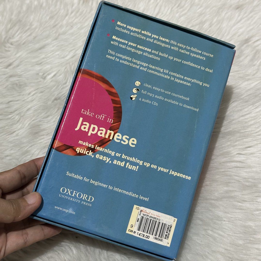 Oxford Take Off in Japanese Language Learning Kit (Category: Textbooks) located in Las Pinas. Submitted by thestylecapital (Listing ID 1439228651, Image 3). Description: - Complete Japanese language learning kit from Oxford. - Includes coursebook, 4 audio CDs, and downloadable content. - Suitable for beginner to intermediate learners. - Features activities, dialogues with native speakers, and real-language situations. - Perfect for learning or br