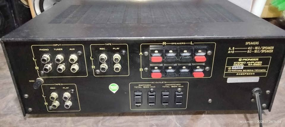 Pioneer SA-5060 Stereo Amplifier (Category: Soundbars, Speakers & Amplifiers) located in Manila. Submitted by biengerz (Listing ID 1439181014, Image 2). Description: Vintage Pioneer SA-6850 Stereo Amplifier 100-110 Volts 45-55 watts per channel Silver face / Phono input for Turntables Speaker load impedance: 4 ohms to 16 ohms *transformer not included Featuring inputs: Mic/Mixing Headphone Phono(MM) Tuner Aux Tape inputs Loudness,Bass, Treble A/B