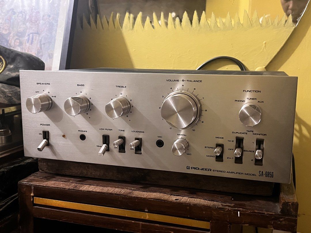 Pioneer SA-5060 Stereo Amplifier (Category: Soundbars, Speakers & Amplifiers) located in Manila. Submitted by biengerz (Listing ID 1439181014, Image 3). Description: Vintage Pioneer SA-6850 Stereo Amplifier 100-110 Volts 45-55 watts per channel Silver face / Phono input for Turntables Speaker load impedance: 4 ohms to 16 ohms *transformer not included Featuring inputs: Mic/Mixing Headphone Phono(MM) Tuner Aux Tape inputs Loudness,Bass, Treble A/B