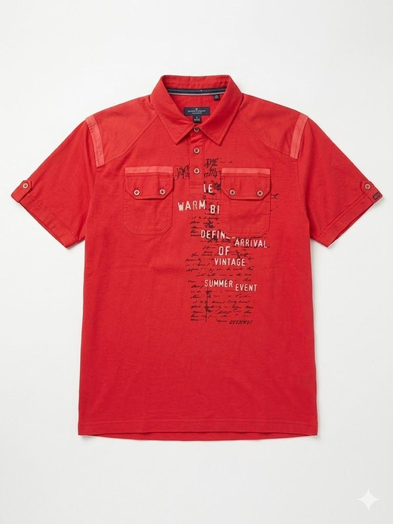 Point zero Red Short Sleeve Polo Shirt (Category: Tshirts & Polo Shirts ) located in Manila. Submitted by andreiming84756 (Listing ID 1439140531, Image 1). Description: - Red short sleeve polo shirt - Collared neckline with button closure - Two chest pockets - Decorative shoulder patches - Printed design on front - Roll-up sleeves with button - Stylish and casual.
