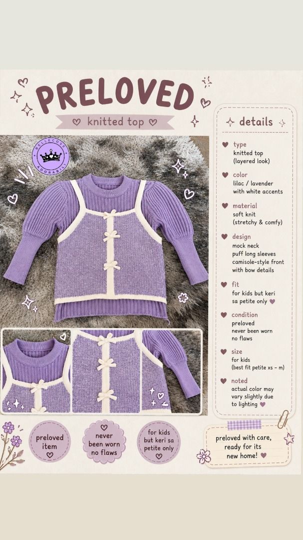 Preloved Lilac Knitted Top with Bow Details (Category: Blouses) located in Batangas. Submitted by bibliotale (Listing ID 1439224837, Image 1). Description: for kids but keri sa petite na teens mop:gcash mod:j&t superb ang qual! - Preloved lilac/lavender knitted top - White accents - Layered look with mock neck - Puff long sleeves - Camisole-style front with bow details - Soft, stretchy, and comfy knit material - Best fit for petite sizes XS-M - A