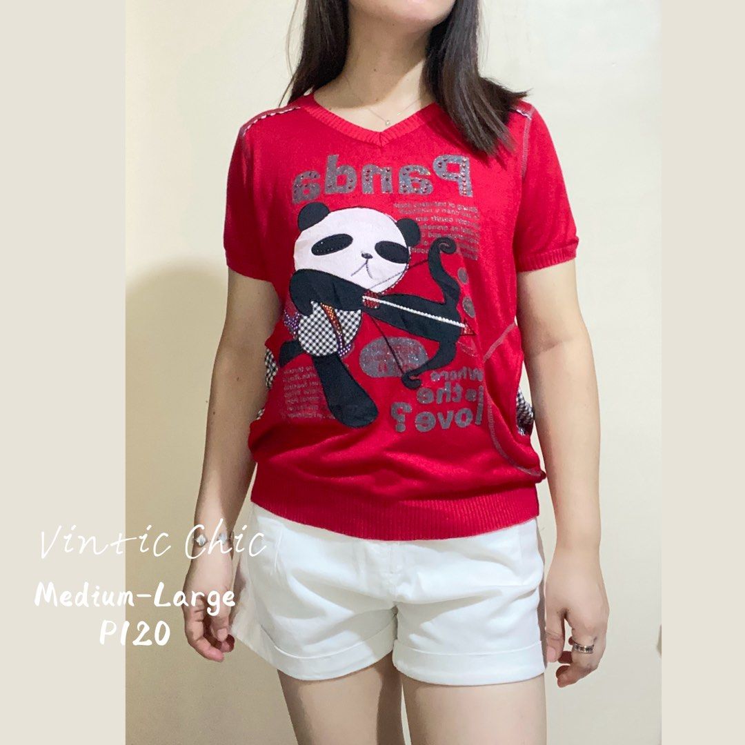 Red Knitted Top with panda print(Ukay/Pre-loved) (Category: Blouses) located in Pangil. Submitted by shiy_shiy05 (Listing ID 1439195439, Image 1). Description: 📌no rush shipping 📌need wash Size: Medium-Large.