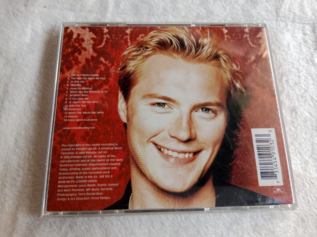 Ronan Keating CD (Category: CDs & DVDs) located in Manila. Submitted by angeloarce64172 (Listing ID 1439194631, Image 2). Description: - Ronan Keating CD - Features the hit single "When You Say Nothing At All" - Includes the dance track "Life Is A Rollercoaster" - Red cover with Ronan Keating's face - In original case.