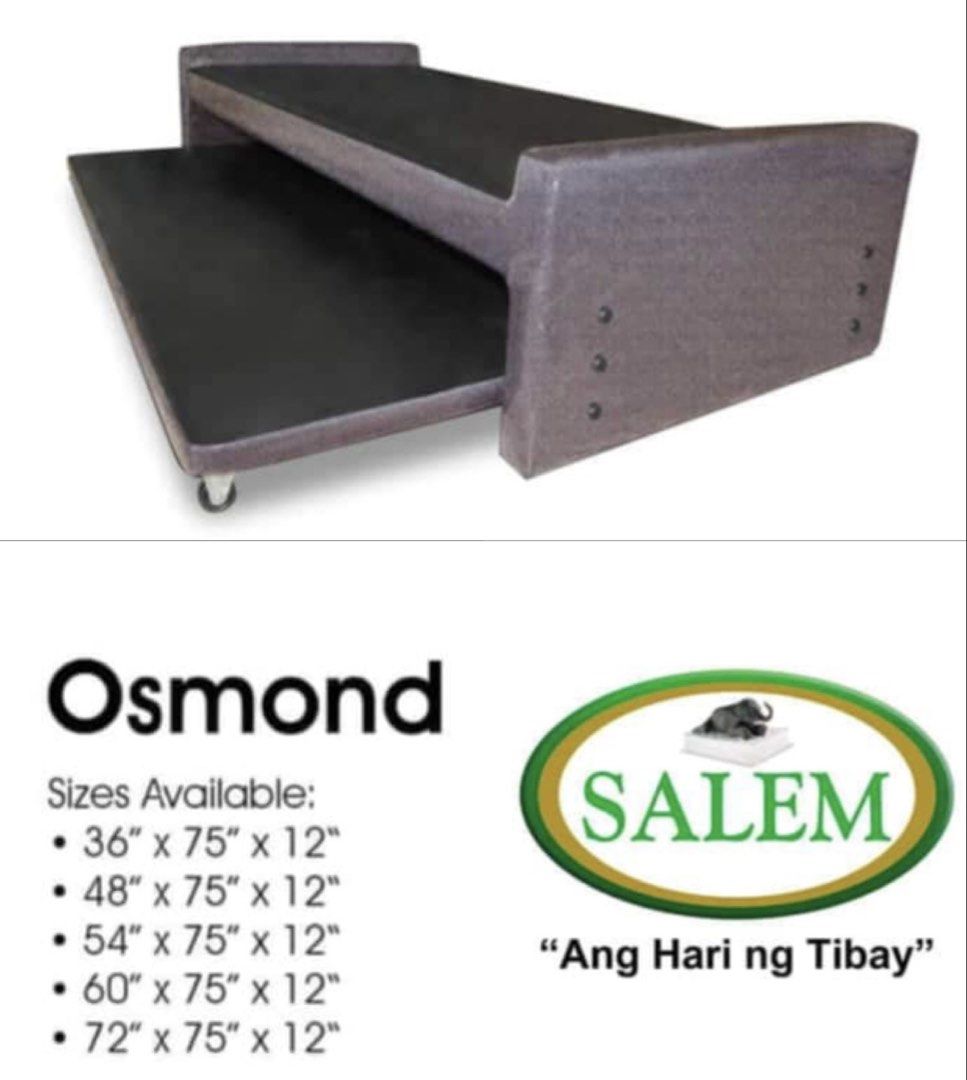 Salem Bed Frame (Single) with pullout (Category: Bed Frames & Mattresses) located in Manila. Submitted by eunicefaye (Listing ID 1439174056, Image 1). Description: Salem Bed Frame (Single)🛏️ - With pullout bed base - Model: Osmond - Size: 36” x 75” x 12” - Color: Dark gray - Condition: Used (with plastic in some areas) 🏷️Php 8,000 only (Retails in store for Php 13,995. Save Php 5,995) Pick up Location: Sampaloc, Manila (near NU Nazareth).