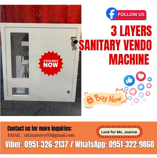 Sanitary Vendo Machine 3 Layers Onhand Now (Category: Home Improvement Tools & Accessories) located in Caloocan City. Submitted by ultimatekh80569 (Listing ID 1439158974, Image 1). Description: 1. Machine Size: W52*D12.5*H54cm; N. Weight, 13Kg, and g.weight:14kg 2. Selections: 3types, column length 370mm 3. Capacity: 8-20pcs of each, total 24-60pcs 4. Coin mech 1-2coins 5. Full mechanical vending machine, 3 columns are worked with 3 coin mechs, o