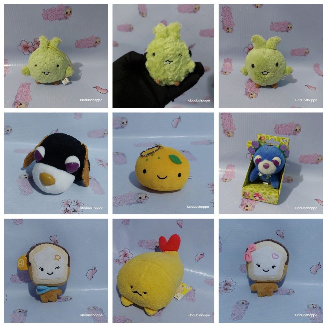 🌸SET SALE🌸 Kiccoro Otedama Forest Child Spirits 2005 World Expo Japan Aichi Banpaku Mascot + Ran Ochaken Chokotto Monogatari + Ocha Ken Black Tea Dog + Kani Tsume Hurai Ebi Furai Chai + Onsen Manju Mikan Orange Toast Bread – Plush Bag Charm Stuffed Toys (Category: Toys & Games) located in Apalit. Submitted by lubdubshoppe (Listing ID 1439179868, Image 1). Description: The original price for the set is PHP 4,143; and items can be sold separately