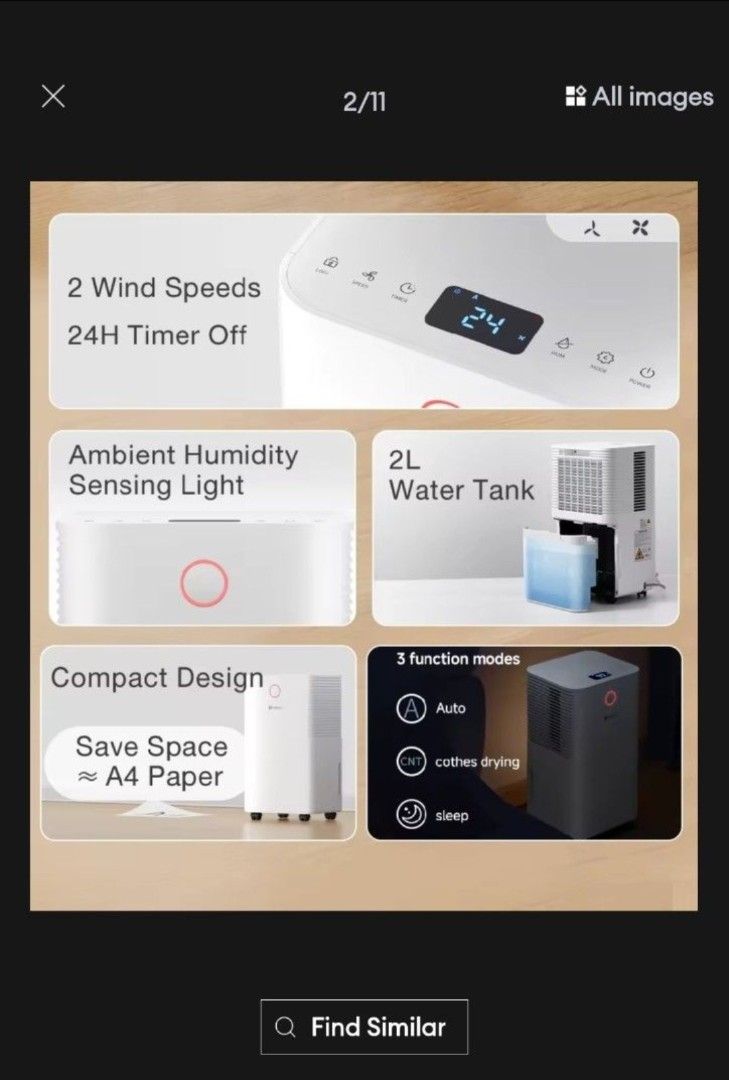 Simplus Multi-functional Dehumidifier (Category: Air Purifiers & Dehumidifiers) located in Singapore. Submitted by Smarty_Pants (Listing ID 1439190251, Image 2). Description: - 2L water tank - Multi wind speeds - 24-hour timer - 3 modes: Auto, Clothes Drying, Sleep - Ambient humidity sensing light - Space-saving, A4 paper size.