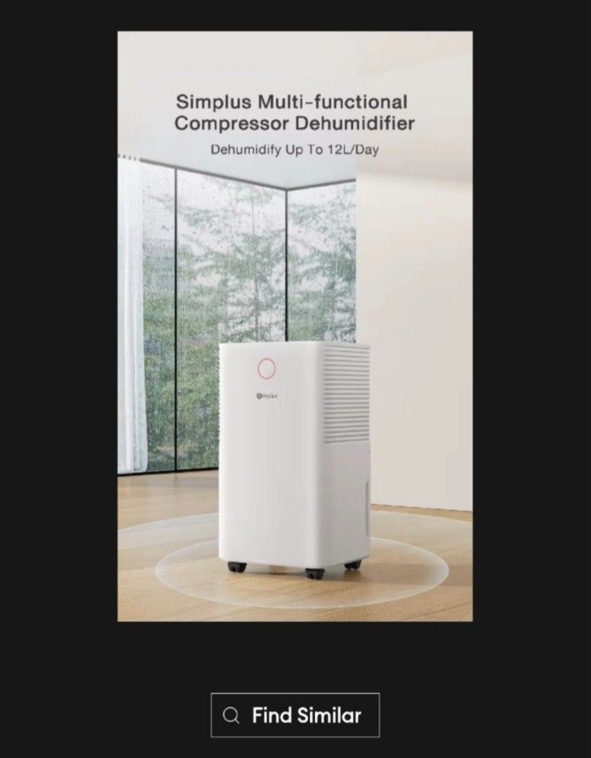 Simplus Multi-functional Dehumidifier (Category: Air Purifiers & Dehumidifiers) located in Singapore. Submitted by Smarty_Pants (Listing ID 1439190251, Image 3). Description: - 2L water tank - Multi wind speeds - 24-hour timer - 3 modes: Auto, Clothes Drying, Sleep - Ambient humidity sensing light - Space-saving, A4 paper size.