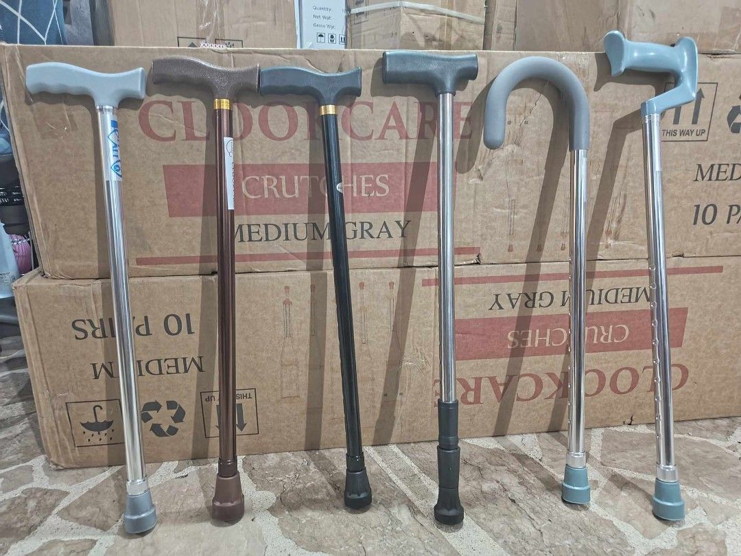 Single cane (Category: Medical Supplies & Tools) located in Manila. Submitted by brightflower_273879 (Listing ID 1439116030, Image 1). Description: - Walking canes for sale. - Available in multiple colors: silver, brown, black, and blue. - Features different handle styles: T-shaped and curved. - Made of metal. - Equipped with rubber tips for safety..
