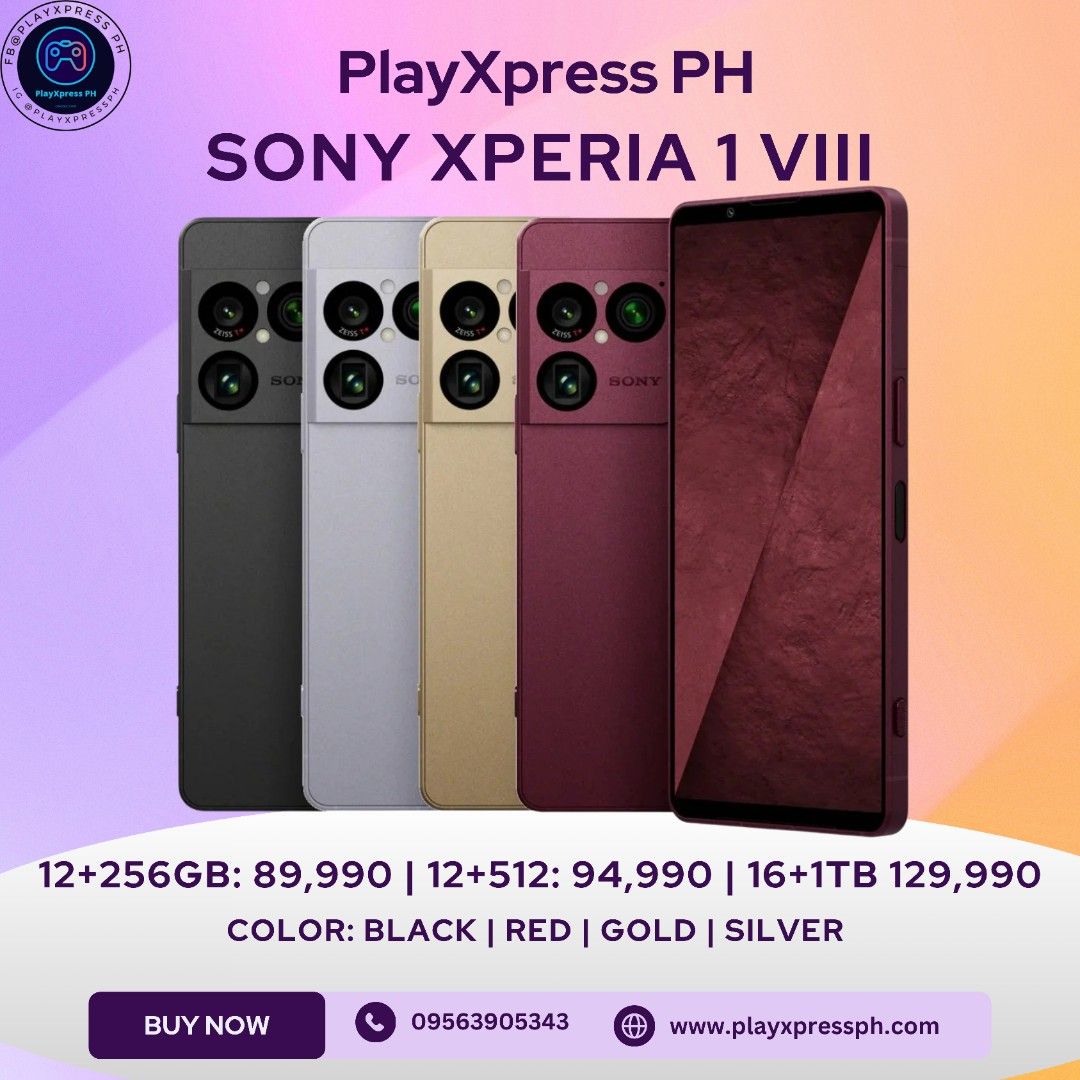 Sony Xperia 1 VIII Pre Order (Category: Sony) located in Pasay City. Submitted by playxpressph (Listing ID 1439108825, Image 1). Description: Sony Xperia 1 VIII Pre Order Massive Price Drop 🔥 12GB+256GB : 89,990 12GB+512GB : 94,990 16GB+1TB : 129,990 Taiwan Variant Dual Sim + eSim Color: Graphite Black, Garnet Red, Native Gold, Iolite Silver + Freebies 15 Days Replacement Warranty for factory defects 1 Year Official TW Warranty ETA - 7 Days upon