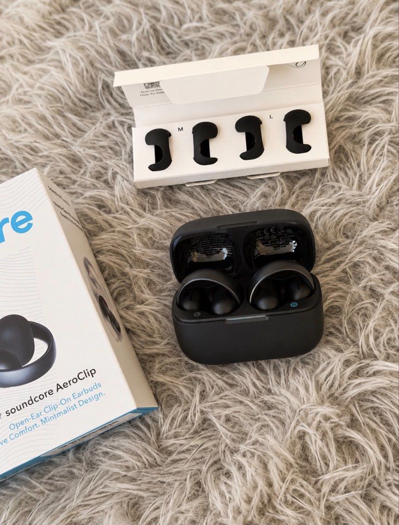Soundcore AeroClip Open-Ear Earbuds (Category: Earphones) located in Bacolod City. Submitted by BWMCAROUSEL (Listing ID 1439156961, Image 3). Description: - Soundcore AeroClip open-ear earbuds - Features AI Clear Calls for clear conversations - IPX5 water resistance - Includes charging case - Comes with multiple ear tip sizes for a comfortable fit - Minimalist design for all-day comfort.