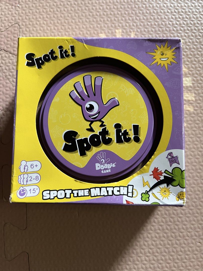 Spot It! Card Game (Category: Board Games & Puzzles) located in Muntinlupa City. Submitted by psm.seconds (Listing ID 1439160051, Image 1). Description: - Spot It! Card Game ( classic original ) - For 2-8 players - Ages 6+ - 15-minute playtime - Find the matching symbol - Fun and fast-paced.