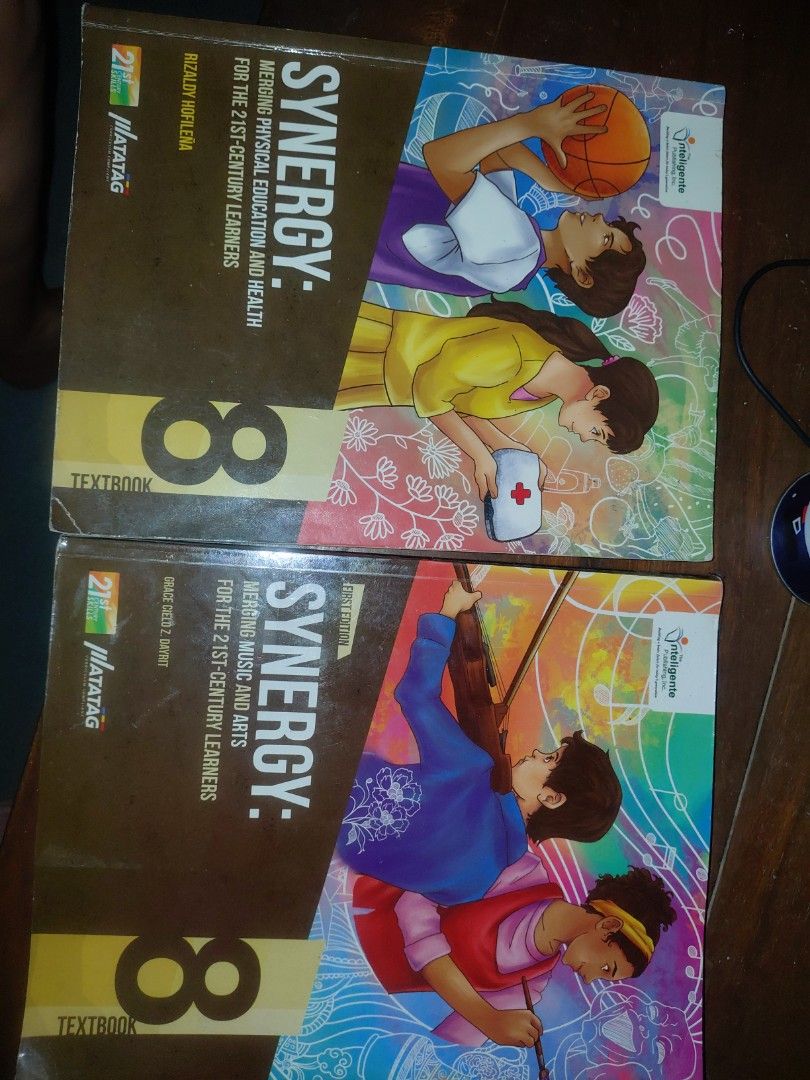 Synergy Grade 8 Textbook Set (2books) (Category: Textbooks) located in San Mateo. Submitted by sailopez (Listing ID 1439075479, Image 1). Description: - Grade 8 Synergy Textbooks - Includes: Physical Education & Health AND Music & Arts - Published by Matatag - Designed for 21st-century learners - Ready for use.