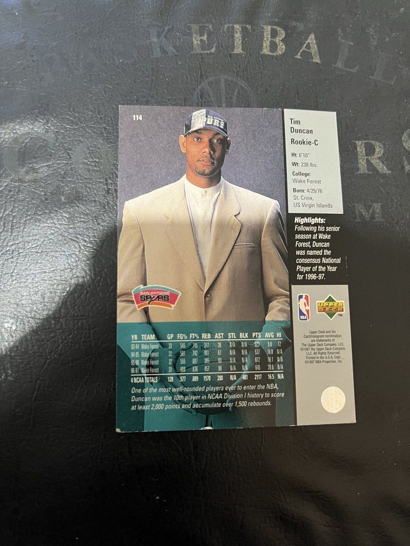 Tim Duncan Rookie Card (Category: Raw Singles) located in Quezon City. Submitted by gamit_ni_benny (Listing ID 1439236273, Image 2). Description: Tim Duncan 97-98, Rookie Card Upper Deck #114 QC Location.