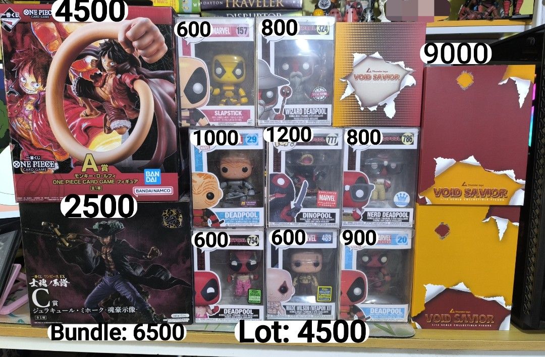 Toys for Sale (Category: Designer & Blind Box Toys) located in Manila. Submitted by eugenesanchez (Listing ID 1439076829, Image 1). Description: Funko Pop Sale Prices indicated in the picture List of Items: Lot Sale: 4500 Deadpool: 20, 29, 157, 324, 489, 754, 777, 786 Non Funko -ICHIBANKUJI ONE PIECE CARD GAME - PRIZE A MISB Luffy Japan Release - 4500 -ICHIBANKUJI Mihawk Prize C - 2500 Ichibankuji Bundle: 6500 -Thunder Toys 1/12 Void Savior TD202