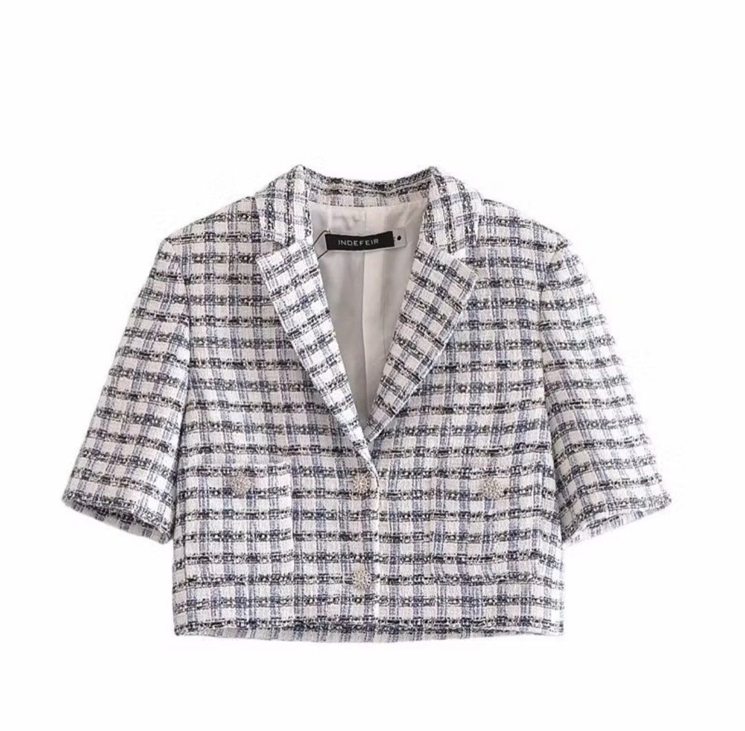 Tweed Blazer (Category: Sets or Coordinates) located in Quezon City. Submitted by _dcluttering (Listing ID 1439183358, Image 1). Description: - Tweed blazer and shorts set - Cropped blazer with short sleeves - Classic plaid pattern - Matching shorts - Perfect for casual or semi-formal wear - A versatile wardrobe addition.