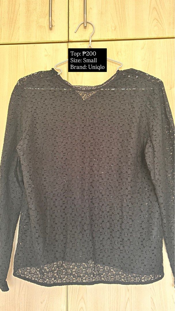 Uniqlo Black Lace Top - Small (Category: Blouses) located in Cebu City. Submitted by rnzlvne (Listing ID 1439180296, Image 1). Description: - Uniqlo black lace top - Size: Small - Features: Long sleeves, V-neck - Material: Delicate lace - Condition: Good, ready to wear.