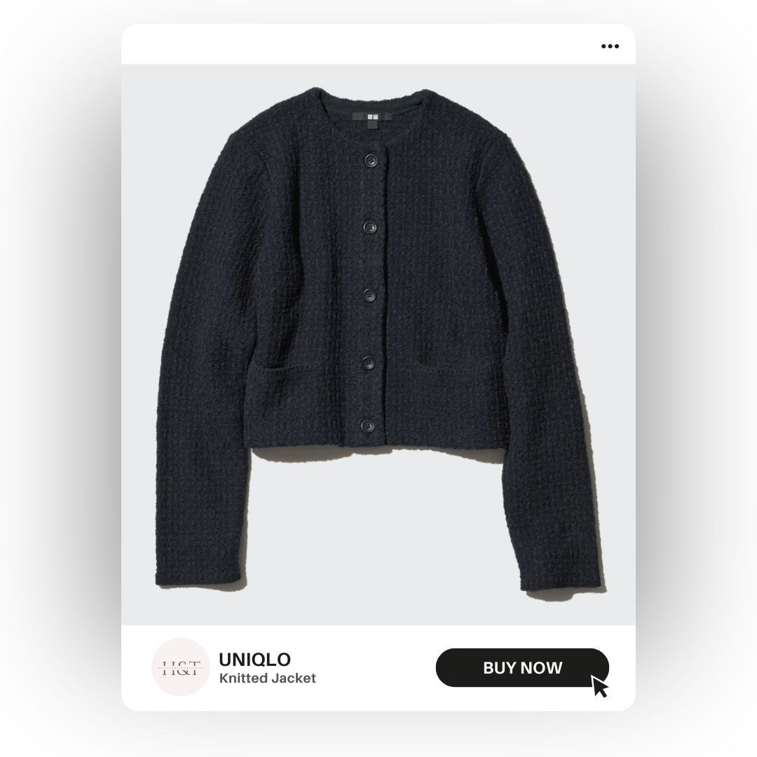 UNIQLO Knitted Short Jacket - Black | Size: Small (Category: Coats, Jackets and Outerwear) located in Cavite. Submitted by heirlooms_and_treasures (Listing ID 1439142761, Image 1). Description: Size: Small on tag Color: Black Pattern: Plain (knitted) - premium textured knitted fabric that keeps its shape well. - elegant collarless silhouette with a cropped length that pairs perfectly with high-waisted bottoms. - functional front pockets - large s