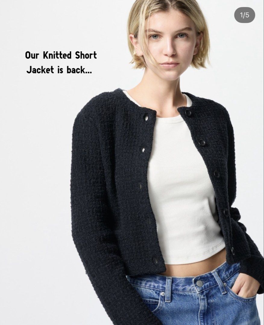 UNIQLO Knitted Short Jacket - Black | Size: Small (Category: Coats, Jackets and Outerwear) located in Cavite. Submitted by heirlooms_and_treasures (Listing ID 1439142761, Image 2). Description: Size: Small on tag Color: Black Pattern: Plain (knitted) - premium textured knitted fabric that keeps its shape well. - elegant collarless silhouette with a cropped length that pairs perfectly with high-waisted bottoms. - functional front pockets - large s