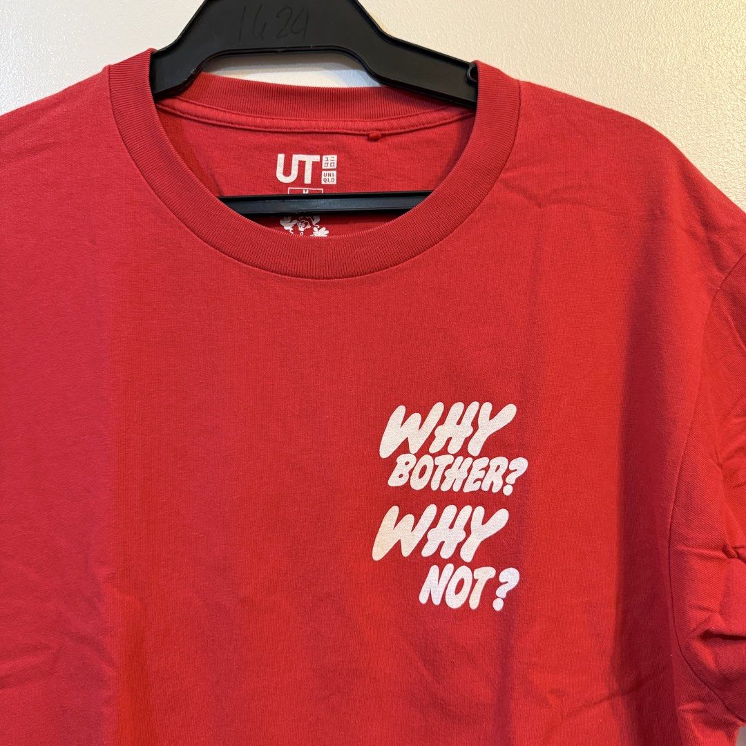Uniqlo UT Red Graphic Tee Size M (Category: Tshirts & Polo Shirts ) located in Pasig City. Submitted by thethrifter30 (Listing ID 1439153987, Image 3). Description: - Uniqlo UT t-shirt - Red color - Features "WHY BOTHER? WHY NOT?" graphic print (front and back) - Crew neck style - Estimated size: Medium - Made of soft, comfortable material - Perfect for casual wear.