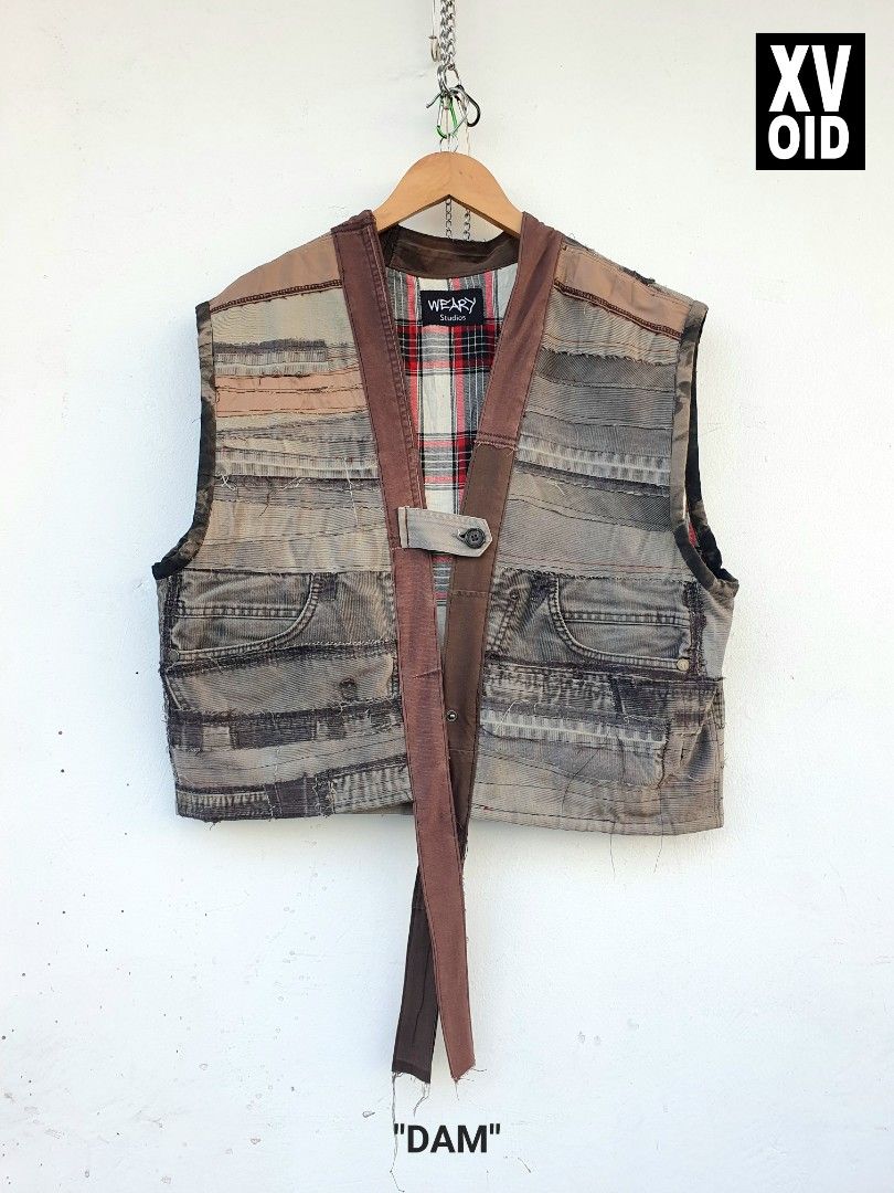 WEARy Studios reversible patchwork noragi vest (Category: Vests) located in Caloocan City. Submitted by wearystudios (Listing ID 1439242032, Image 3). Description: "DAM" reversible patchwork noragi vest made from SB19's WAS Concert VTR looks scrap fabrics, plaid lining with collection patches all over, 2 front pockets, one button closure, with our signature Weary Heart patch at the back 1/1 Shell scrap fabrics from SB19 JOSH & KEN looks Fits L-XL