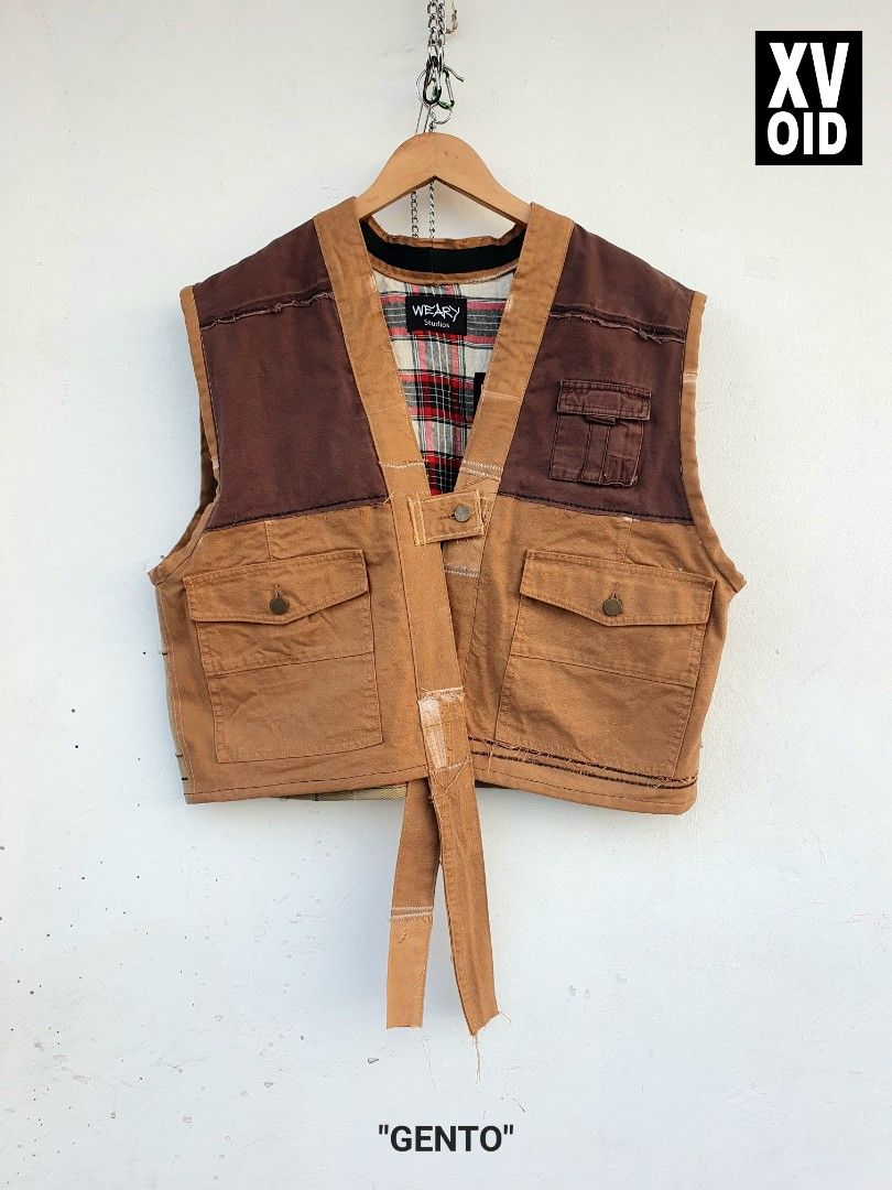 WEARy Studios reversible patchwork noragi vest (Category: Vests) located in Caloocan City. Submitted by wearystudios (Listing ID 1439242133, Image 3). Description: "GENTO" reversible patchwork noragi vest made from SB19's WAS Concert VTR looks scrap fabrics, plaid lining with collection patches all over, 3 front pockets, 2 back pockets, one button closure, with our signature Weary Heart patch at the back 1/1 Shell scrap fabrics from SB19 STELL & 