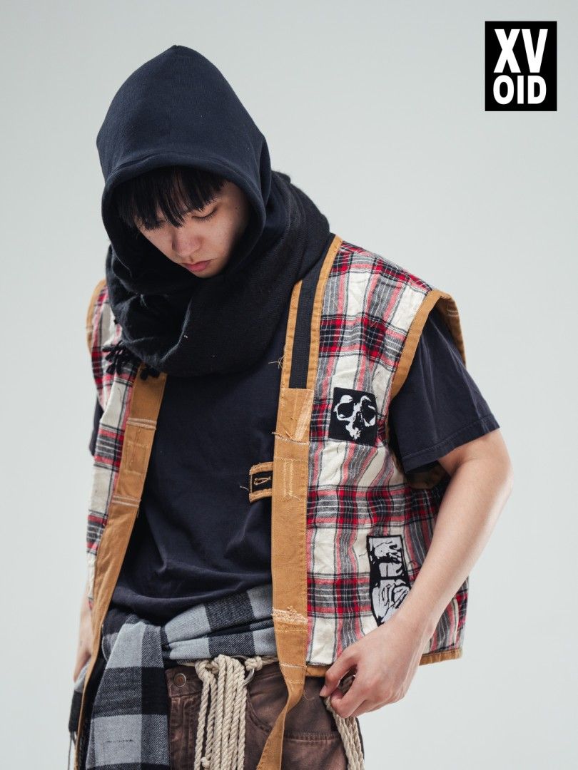 WEARy Studios reversible patchwork noragi vest (Category: Vests) located in Caloocan City. Submitted by wearystudios (Listing ID 1439242133, Image 2). Description: "GENTO" reversible patchwork noragi vest made from SB19's WAS Concert VTR looks scrap fabrics, plaid lining with collection patches all over, 3 front pockets, 2 back pockets, one button closure, with our signature Weary Heart patch at the back 1/1 Shell scrap fabrics from SB19 STELL & 