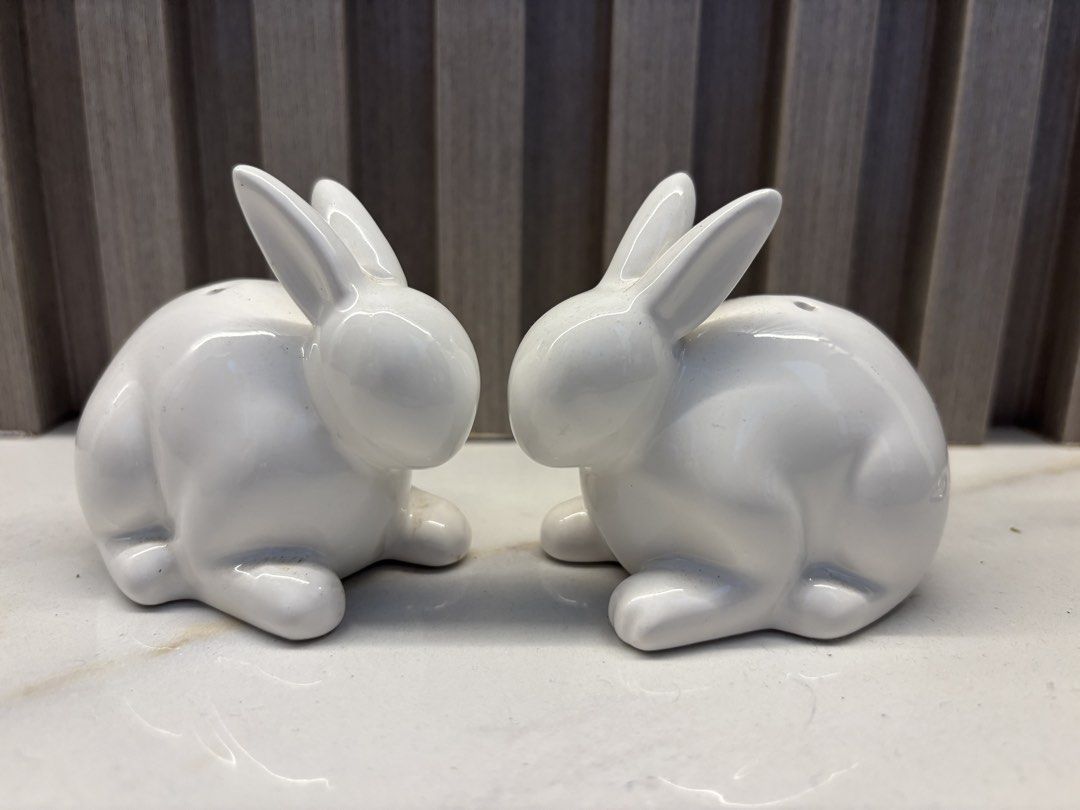 White Ceramic Bunny Salt and Pepper Shakers Set (Category: Dinnerware & Cutlery) located in Cavite. Submitted by ejp3773 (Listing ID 1439095897, Image 2). Description: - Adorable bunny-shaped salt and pepper shakers. - Made of white ceramic. - Each shaker has a hole for dispensing. - Set includes two shakers. - Adds a whimsical touch to your table. - no rubber stopper included - never used. Displayed only..