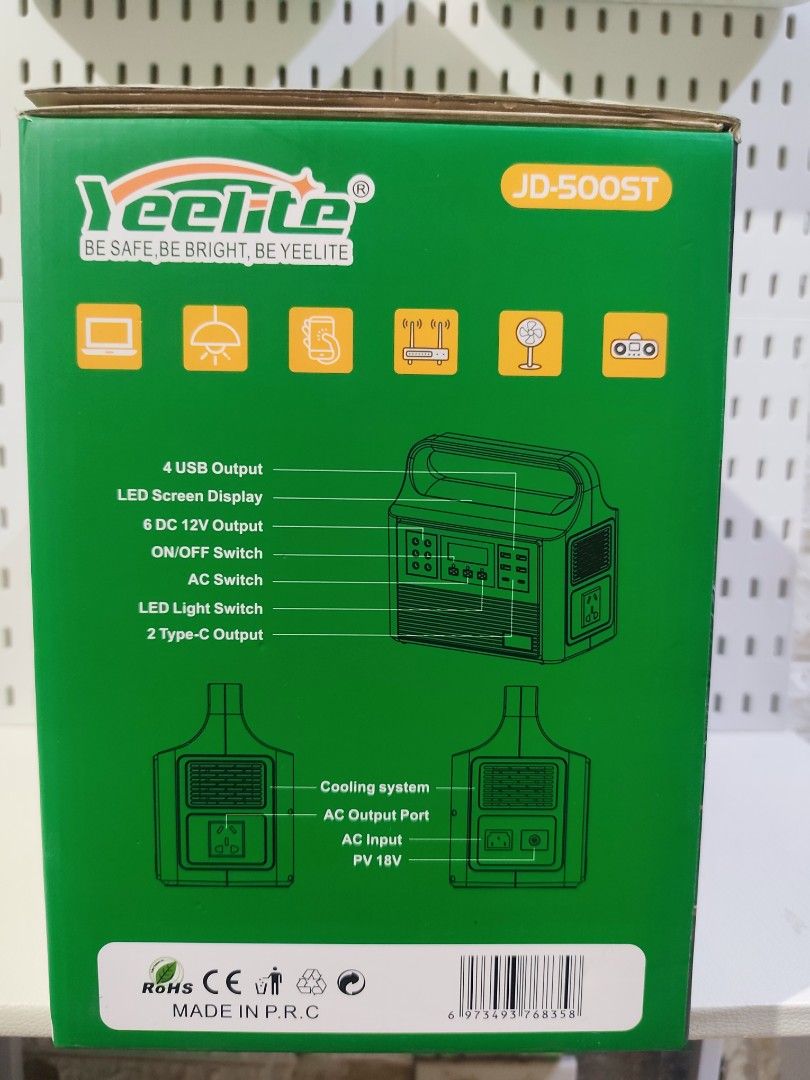 Yeelite JD-500ST 500W Solar Generator (Category: Construction Tools & Equipment) located in Manila. Submitted by lucky888_168 (Listing ID 1439113855, Image 3). Description: - Yeelite JD-500ST Solar Generator - 500W AC Output - Multiple Output Ports: USB-A, Type-C, DC - Built-in LED Flashlight - 396.8Wh Backup Battery - Digital Display - AC Input - Recharge via Solar Panel or AC Charging.