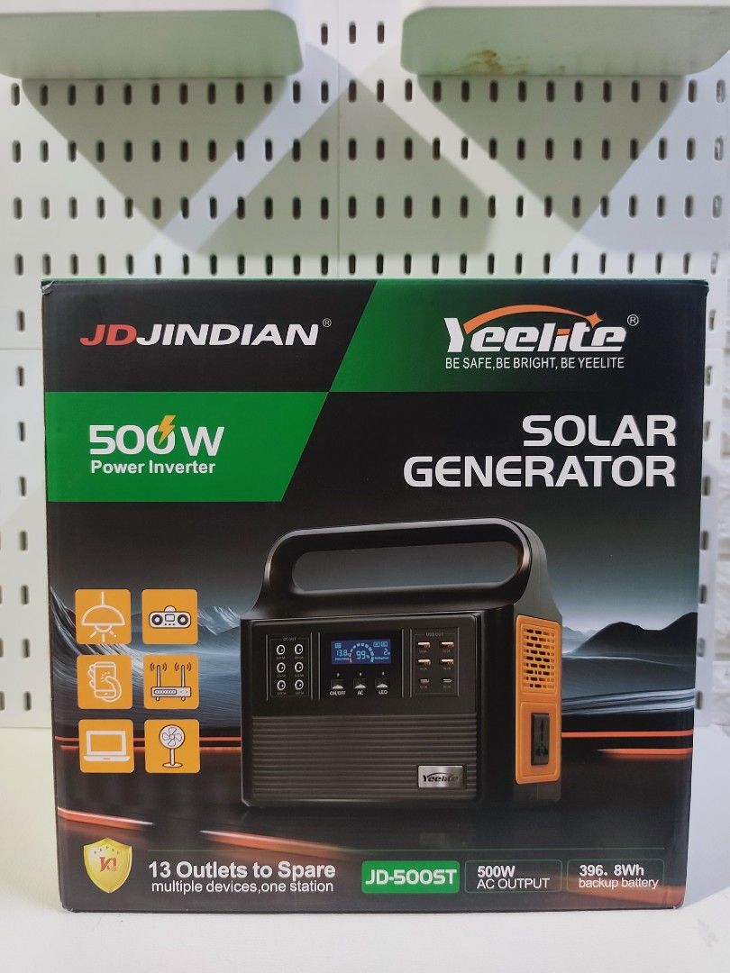 Yeelite JD-500ST 500W Solar Generator (Category: Construction Tools & Equipment) located in Manila. Submitted by lucky888_168 (Listing ID 1439113855, Image 1). Description: - Yeelite JD-500ST Solar Generator - 500W AC Output - Multiple Output Ports: USB-A, Type-C, DC - Built-in LED Flashlight - 396.8Wh Backup Battery - Digital Display - AC Input - Recharge via Solar Panel or AC Charging.
