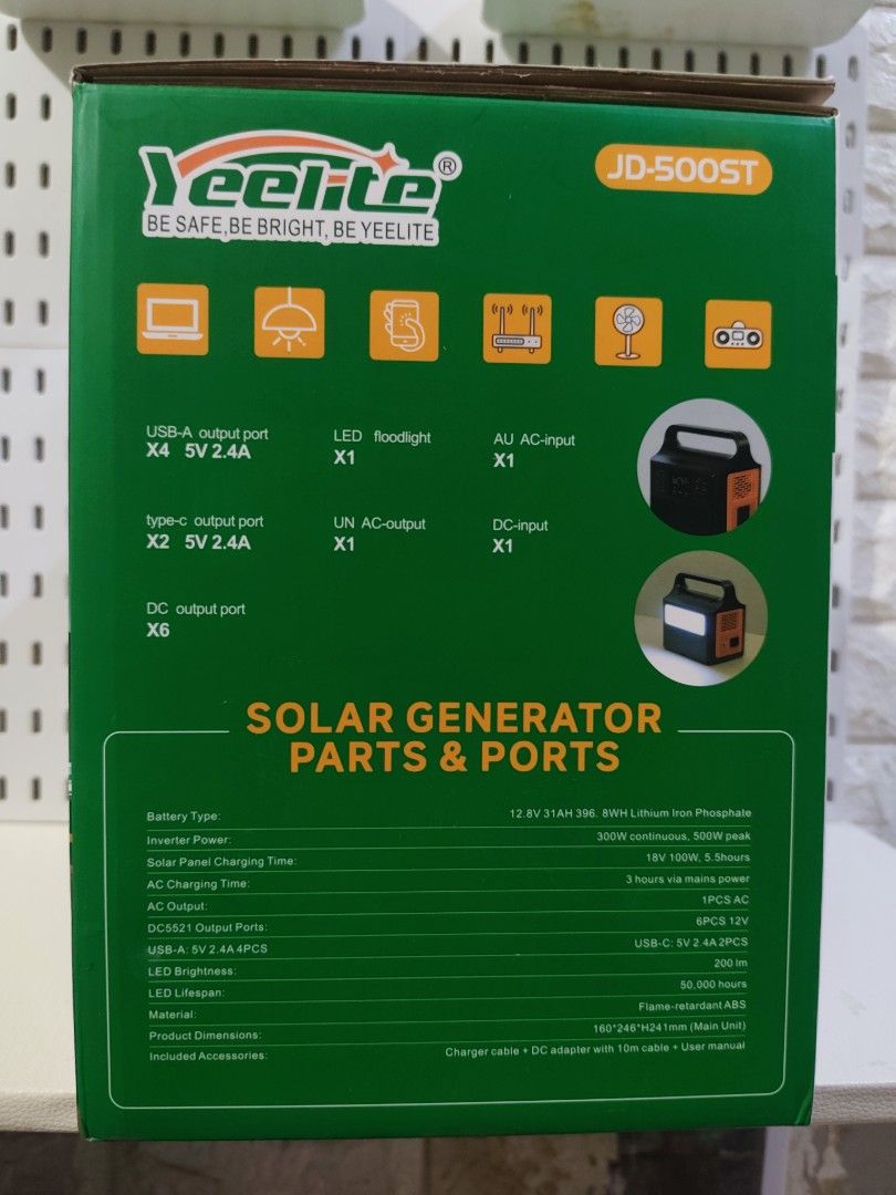 Yeelite JD-500ST 500W Solar Generator (Category: Construction Tools & Equipment) located in Manila. Submitted by lucky888_168 (Listing ID 1439113855, Image 2). Description: - Yeelite JD-500ST Solar Generator - 500W AC Output - Multiple Output Ports: USB-A, Type-C, DC - Built-in LED Flashlight - 396.8Wh Backup Battery - Digital Display - AC Input - Recharge via Solar Panel or AC Charging.