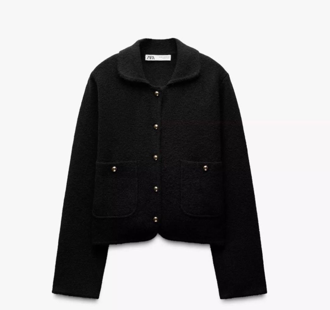 Zara Black Bouclé Jacket (Category: Coats, Jackets and Outerwear) located in Cabuyao City. Submitted by grae__ (Listing ID 1439243755, Image 1). Description: - Zara black bouclé jacket - Collared neckline - Gold-tone buttons - Two front pockets - Brand new with original tag .