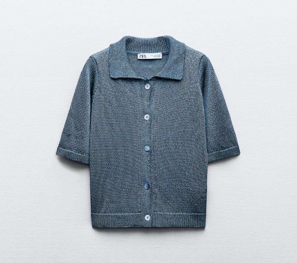 Zara Blue Knit Cardigan (Category: Blouses) located in Cabuyao City. Submitted by grae__ (Listing ID 1439243871, Image 1). Description: - Zara cardigan - Collared neckline - Short sleeves - Button-down closure - Textured knit fabric - Brand new with Tag. - Have some fluff due to storage. Never worn..