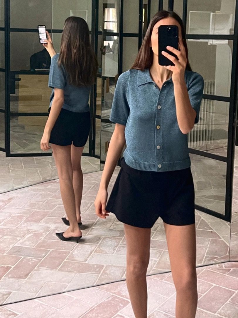 Zara Blue Knit Cardigan (Category: Blouses) located in Cabuyao City. Submitted by grae__ (Listing ID 1439243871, Image 2). Description: - Zara cardigan - Collared neckline - Short sleeves - Button-down closure - Textured knit fabric - Brand new with Tag. - Have some fluff due to storage. Never worn..