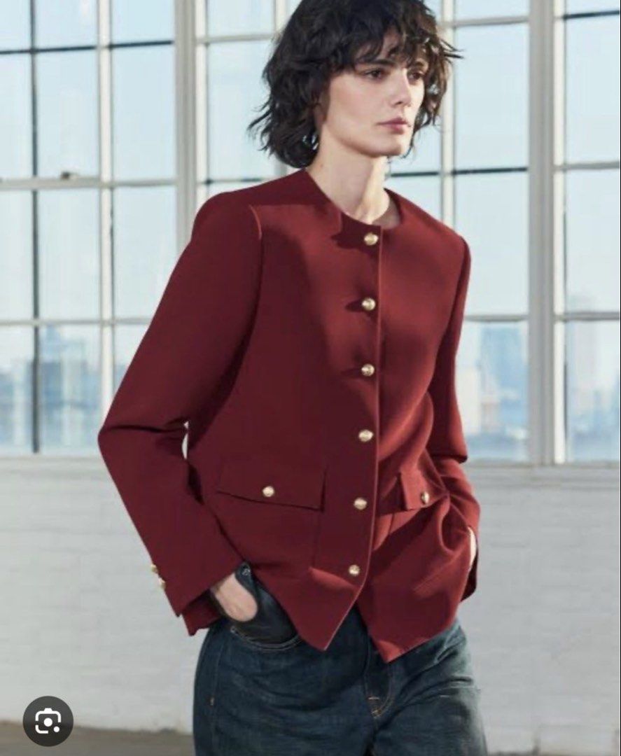 Zara Maroon Blazer with Gold Buttons (Category: Coats, Jackets and Outerwear) located in Makati City. Submitted by bibas.corner (Listing ID 1439233100, Image 1). Description: - Zara maroon blazer - Size: XS - Features: Round neckline, gold buttons, two front pockets - Style: Tailored fit - Made in Morocco.