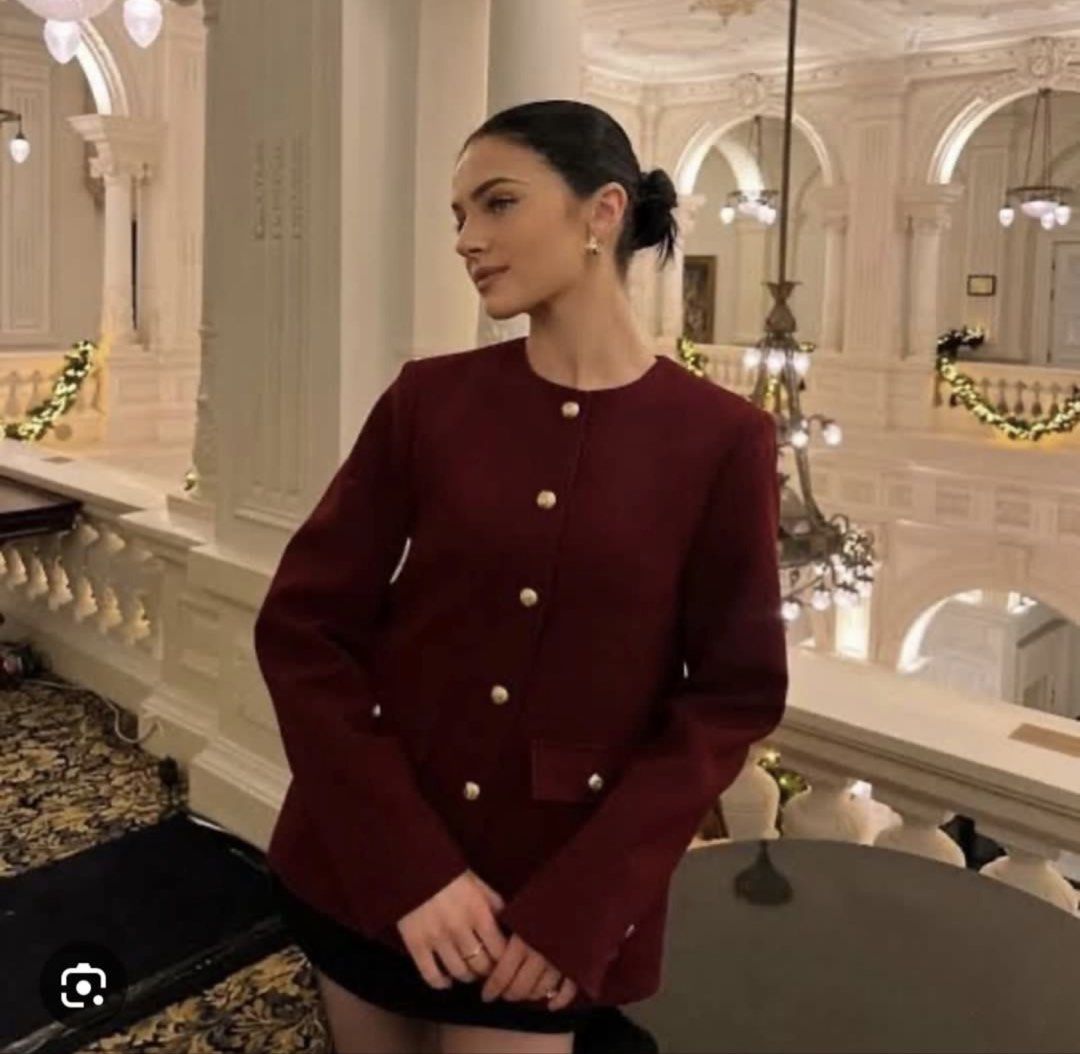 Zara Maroon Blazer with Gold Buttons (Category: Coats, Jackets and Outerwear) located in Makati City. Submitted by bibas.corner (Listing ID 1439233100, Image 2). Description: - Zara maroon blazer - Size: XS - Features: Round neckline, gold buttons, two front pockets - Style: Tailored fit - Made in Morocco.