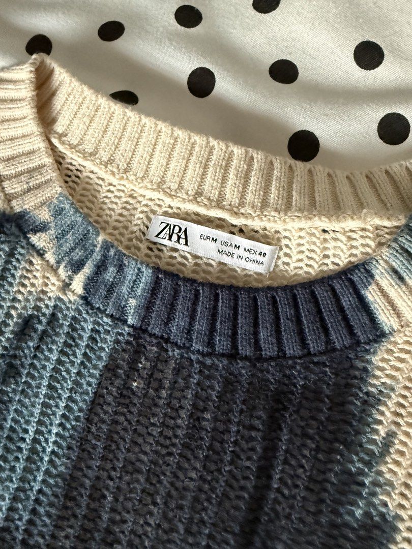 Zara Tie-dye Knit Sweatshirt (Category: Tshirts & Polo Shirts ) located in Quezon City. Submitted by kyudotcom (Listing ID 1439162498, Image 2). Description: - Zara tie-dye sweater - Blue and beige color - Crew neck - Relaxed fit - Size M but runs small - Knit material - Made in China.