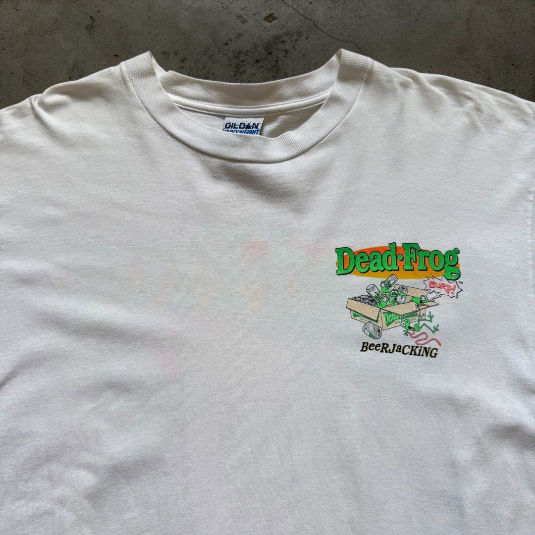 1995 Dead Frog Budweiser Parody Tee (Category: Tshirts & Polo Shirts ) located in Pasig City. Submitted by hoardwrld (Listing ID 1439388701, Image 3). Description: Width: 23.5 Length: 31 - White Dead Frog T-shirt - Size: XL - Features: - Front graphic: Frogs and beer - Back graphic: Frogs and beer with "The King of Roadkill" and "Finally able to stop the truck... Angry frogs problem & beerjacking" - Brand: Gildan.